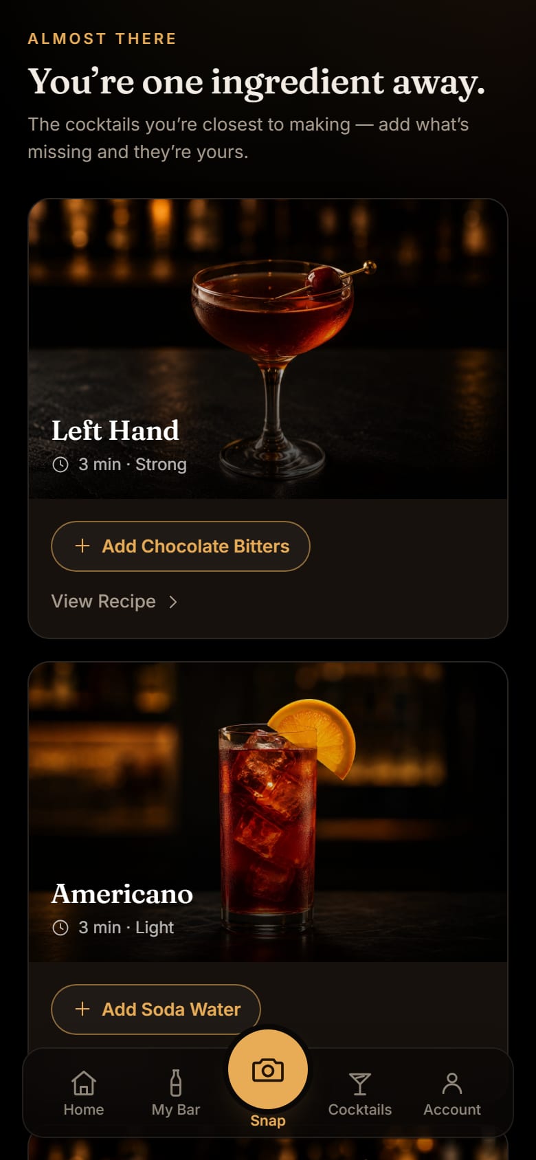 BarSnap's Almost There screen, showing cocktails one ingredient away