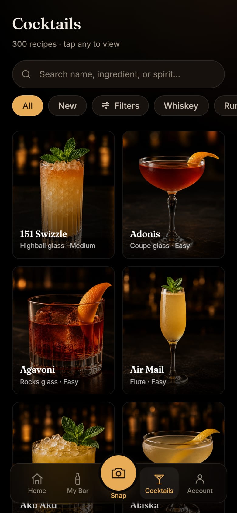 BarSnap's Cocktails library, a grid of cocktail photographs