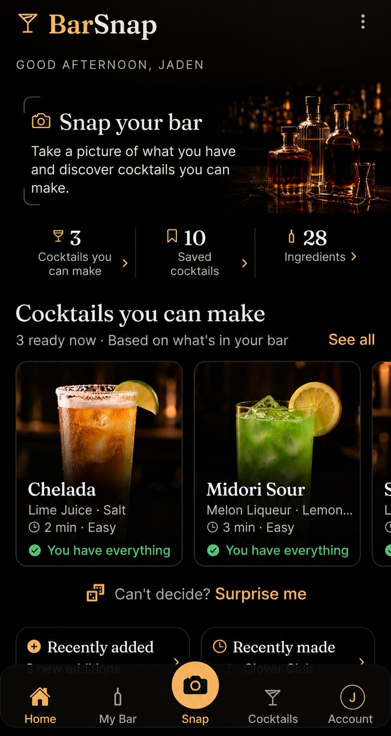 The BarSnap home screen: Snap your bar, your bar's stats, and Cocktails you can make with everything you need