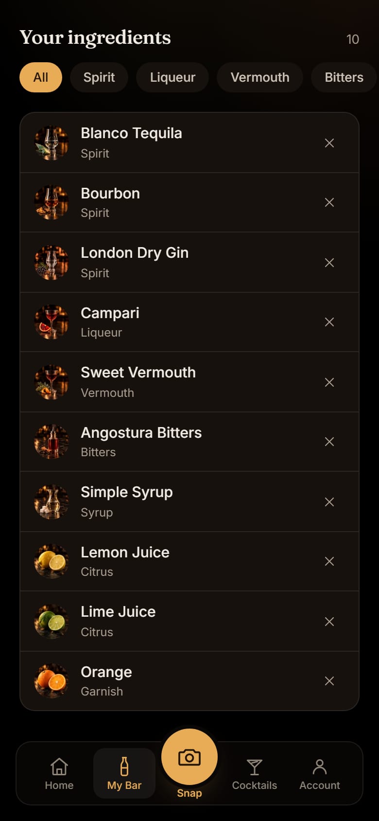 BarSnap's Your ingredients list, each bottle with its photo and category