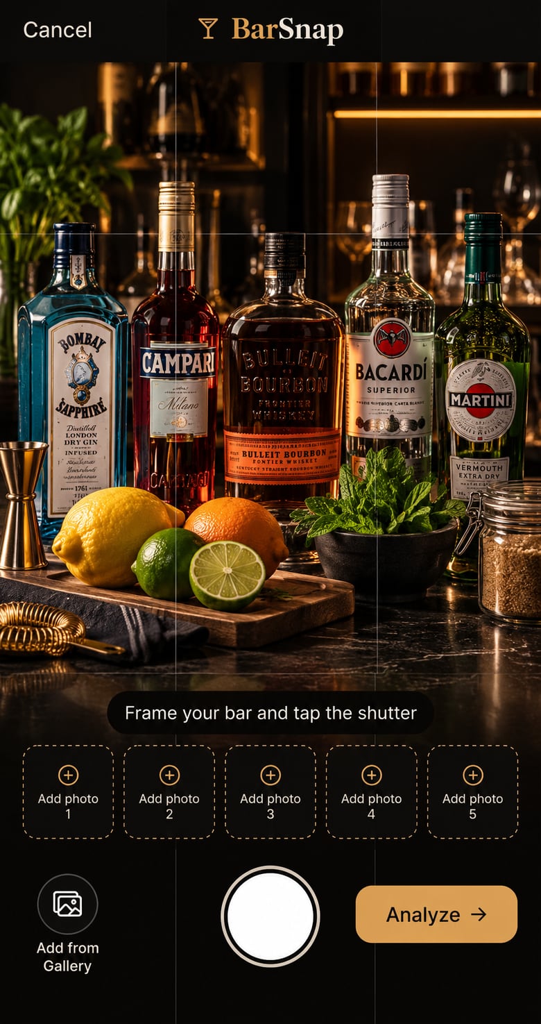 BarSnap's camera screen framing a row of bottles — gin, Campari, bourbon, rum and vermouth — with citrus and mint beside them