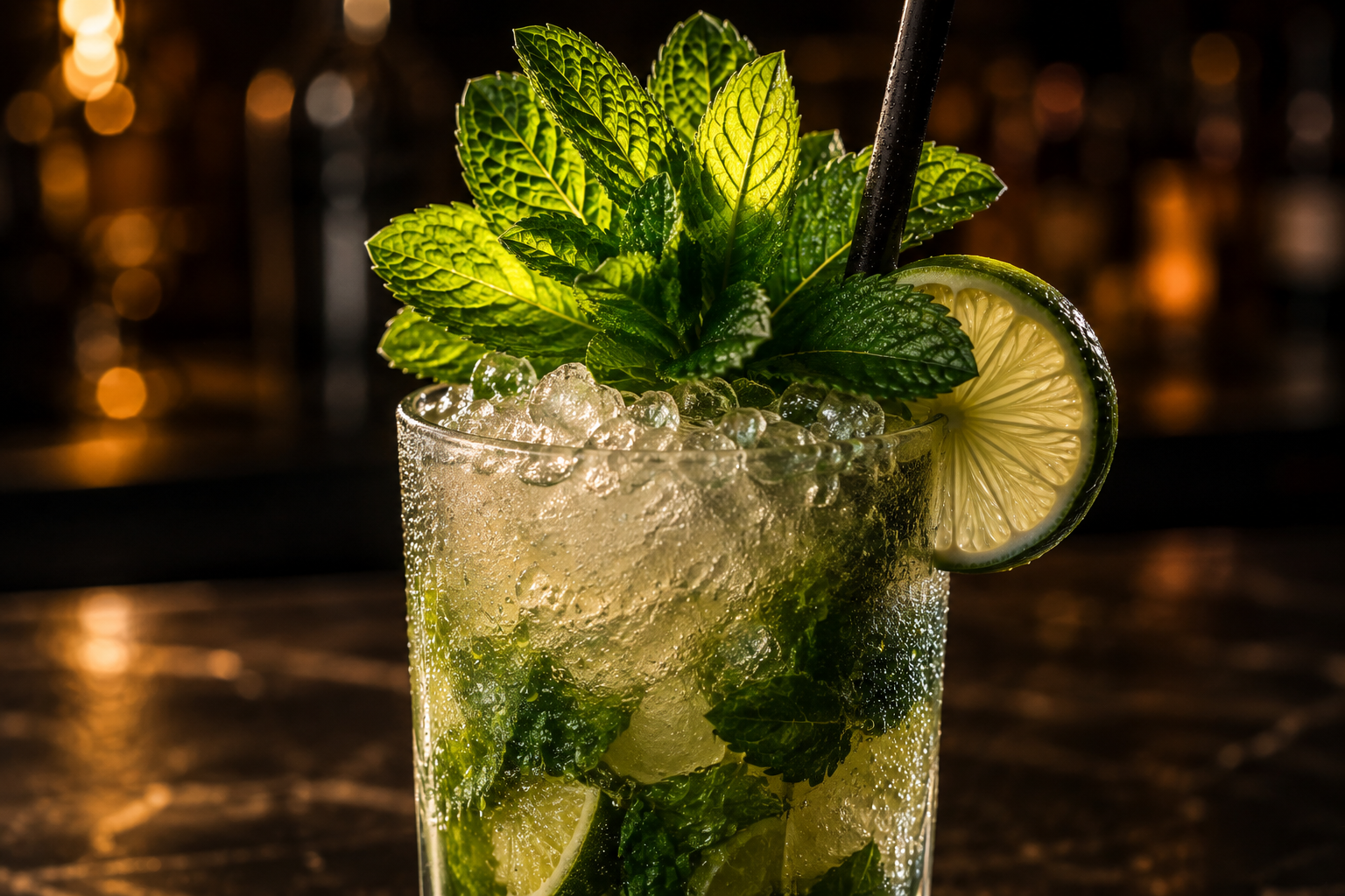 A Mojito crowned with a full bouquet of fresh mint set beside the straw, over crushed ice.