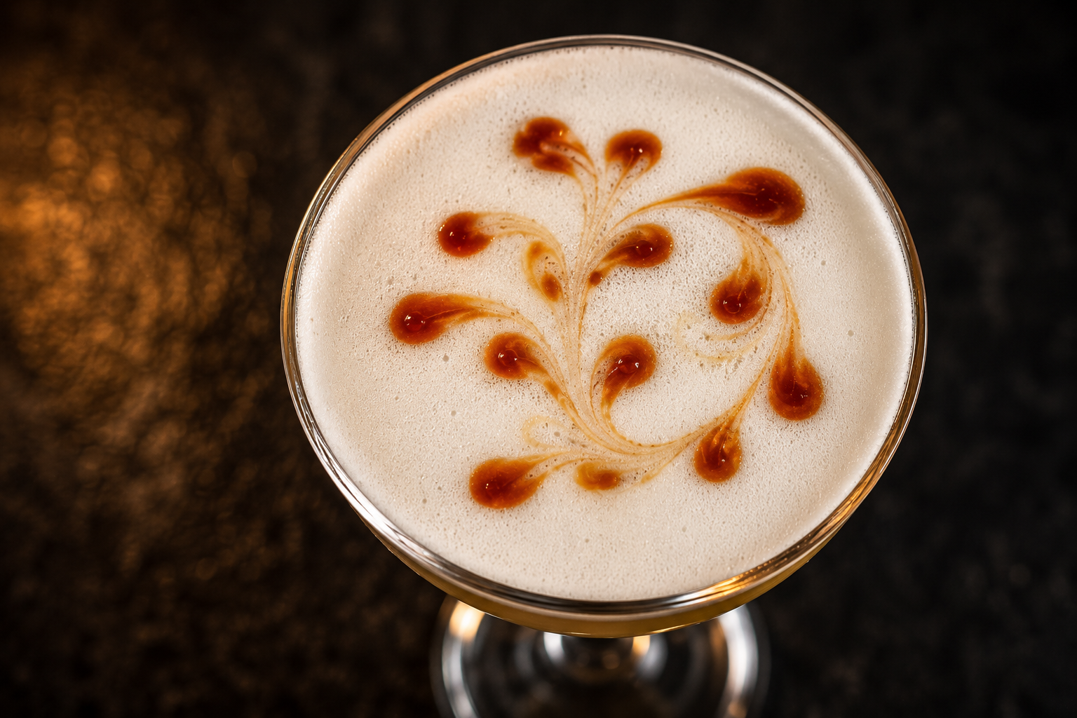 Angostura bitters dropped onto the egg-white foam of a Whiskey Sour and drawn into a marbled pattern.