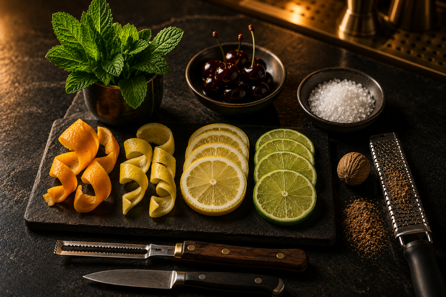 A bar station laid out with curls of citrus peel, lemon and lime wheels, mint, cherries, a dish of salt, and a nutmeg with a grater.