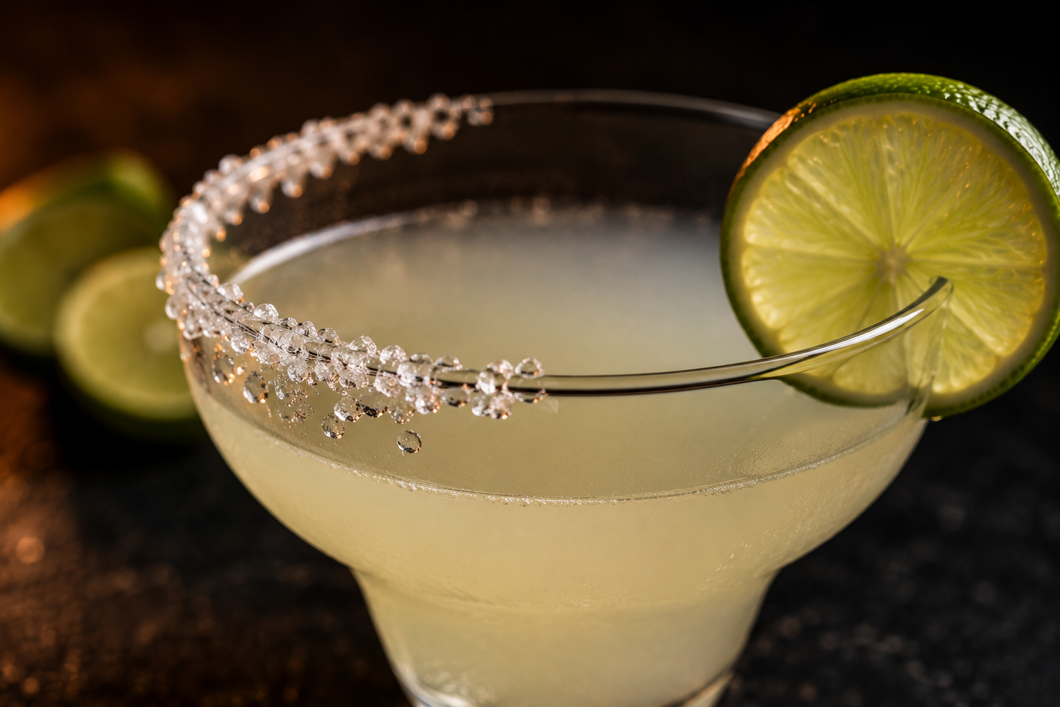 A Margarita with a coarse salt rim and a lime wheel on a dark surface.
