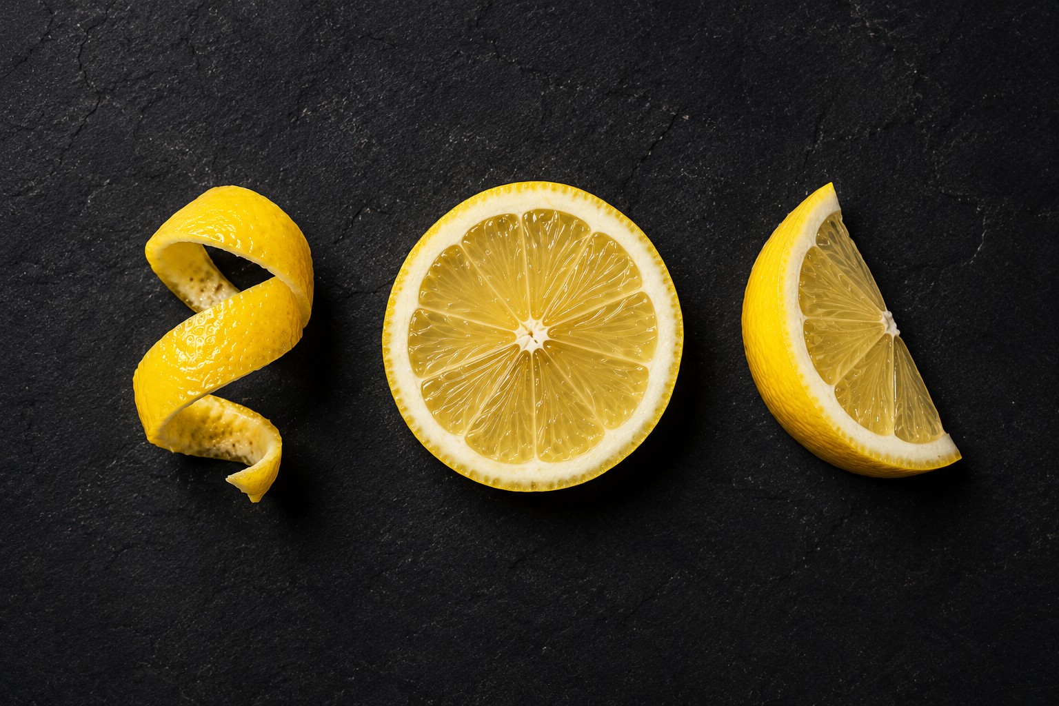 A lemon twist, a lemon wheel, and a lemon wedge side by side on a dark stone surface.