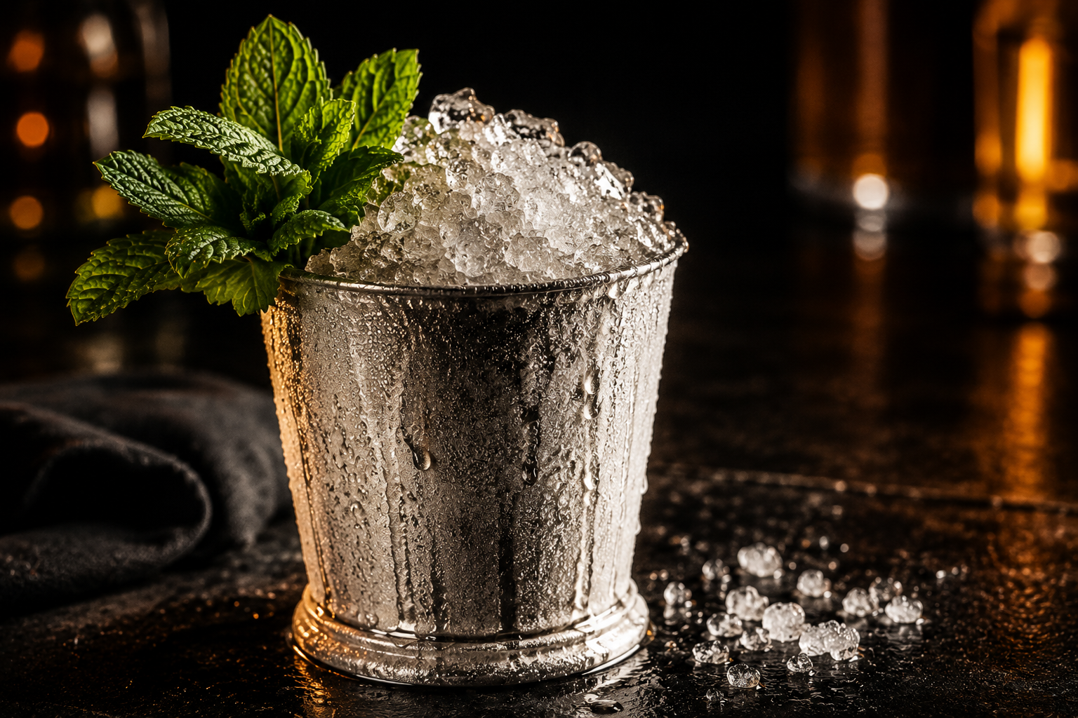 A pewter julep cup packed with crushed ice and crowned with fresh mint, its metal white with frost.