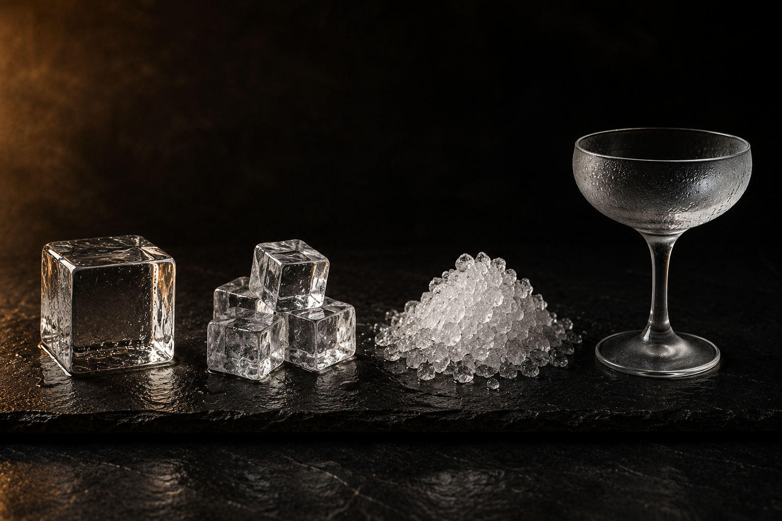 Four forms of cocktail ice on a dark slate surface: a single large clear cube, a cluster of standard cubes, a mound of crushed ice, and an empty chilled coupe.