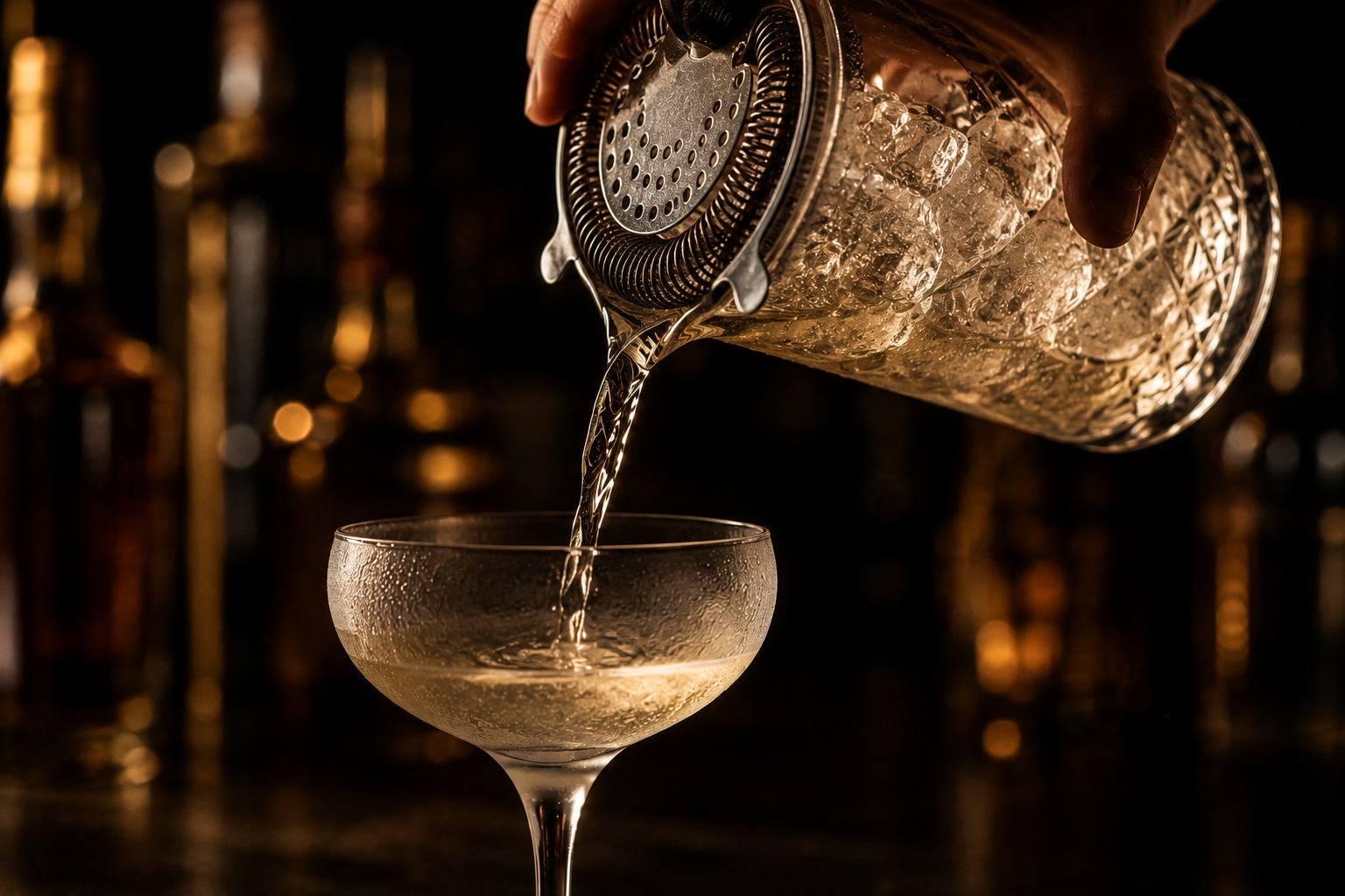 A pale cocktail being strained from a mixing glass full of ice into a chilled coupe, the drink parting from the ice.